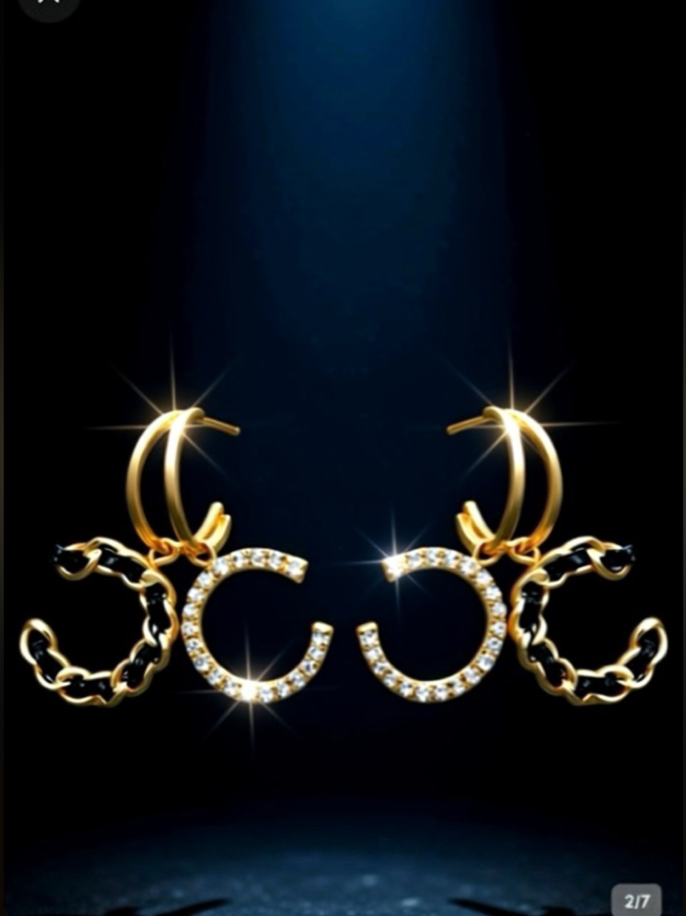 Gold Double CC snake hoop Dangle earrings with white rhinestones